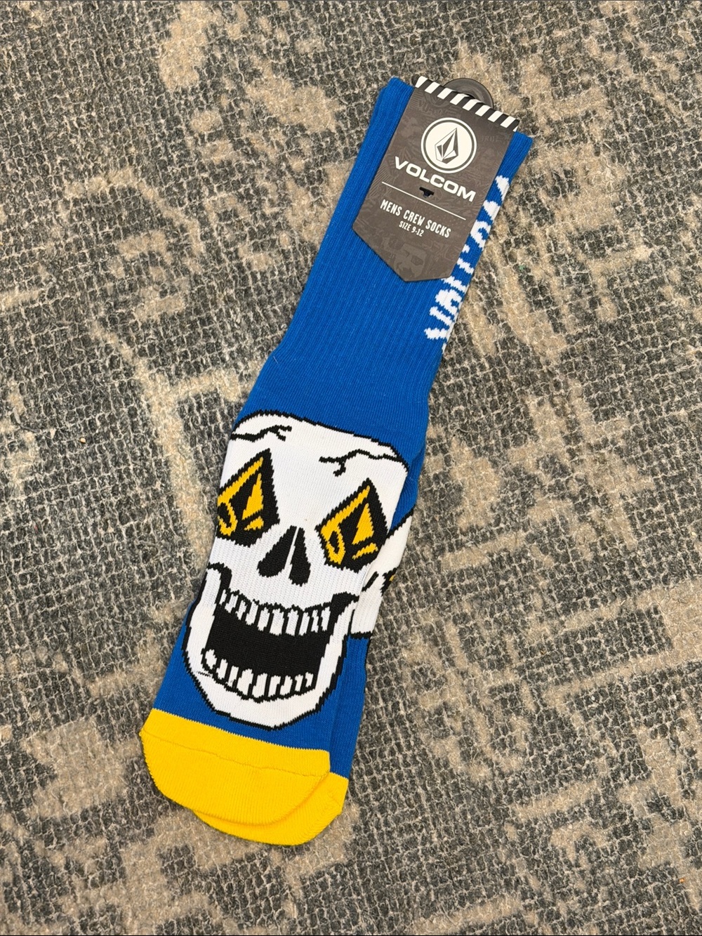 Volcom Blue Skull Crew Socks with Yellow Toe